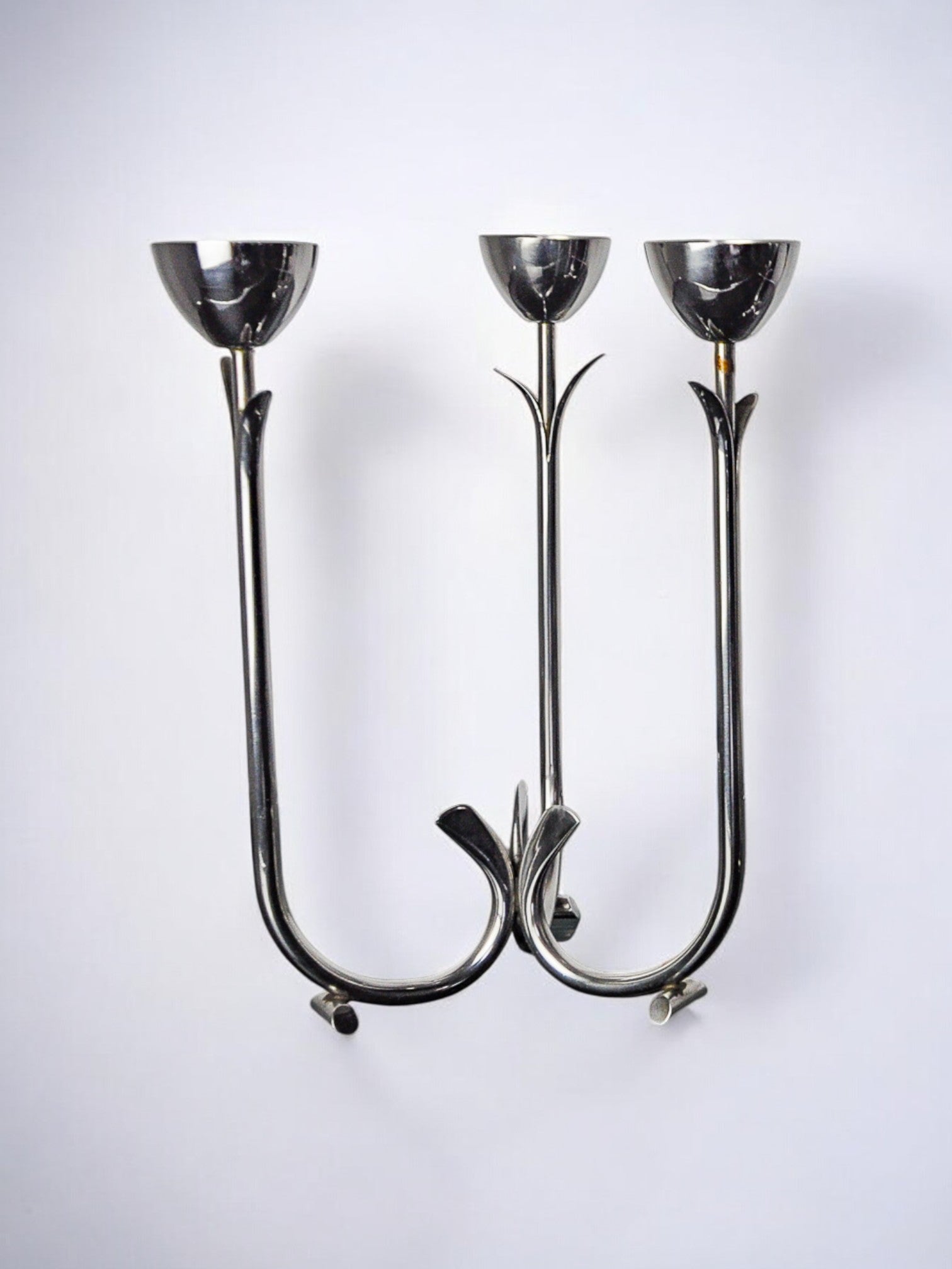 Art deco stainless steel 3-flame candlestick, Spain, 1970 — side angle