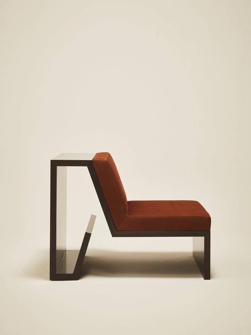 'Continuous' Lounge Chair Handcrafted in Wood Veneer & Leather Upholstery — detail view
