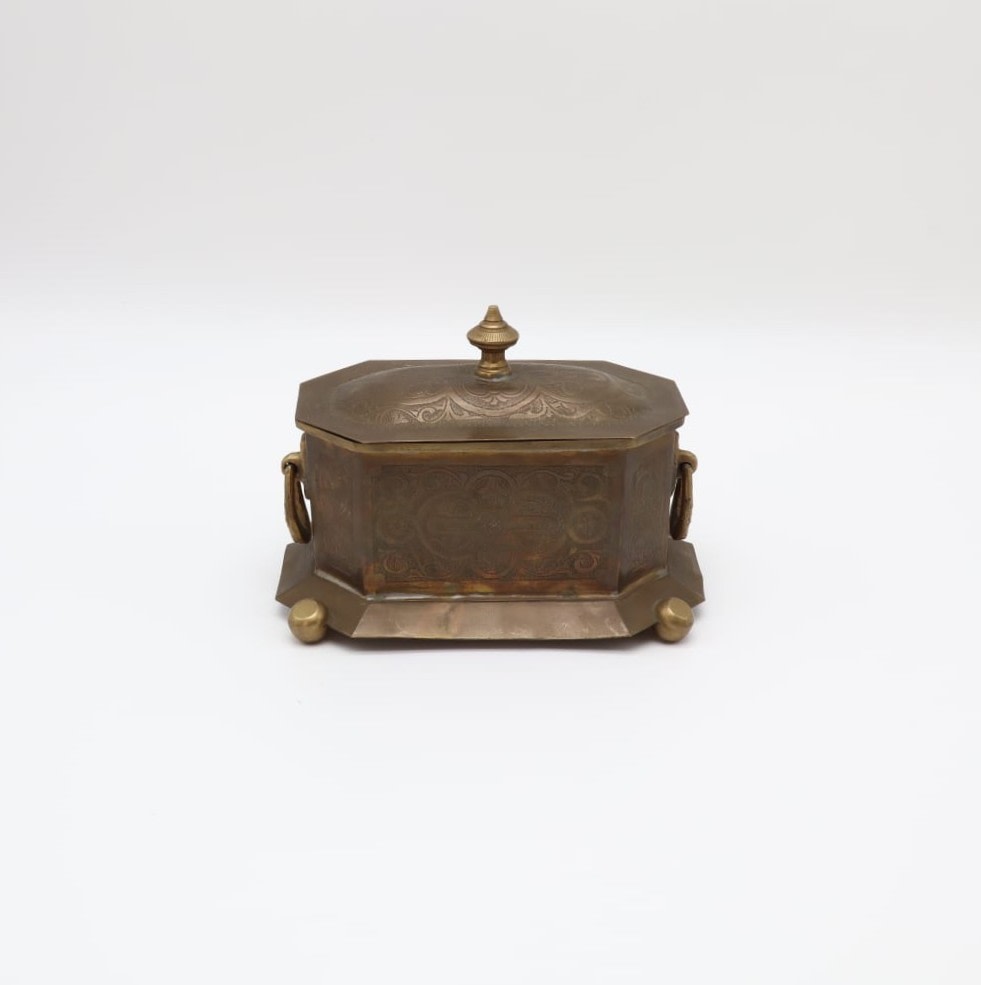 Antique Octagonal Brass Trinket Box – France (c. 1920) — side angle