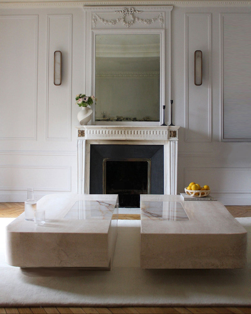 Baci Coffee Table — front view with marble surface in living room