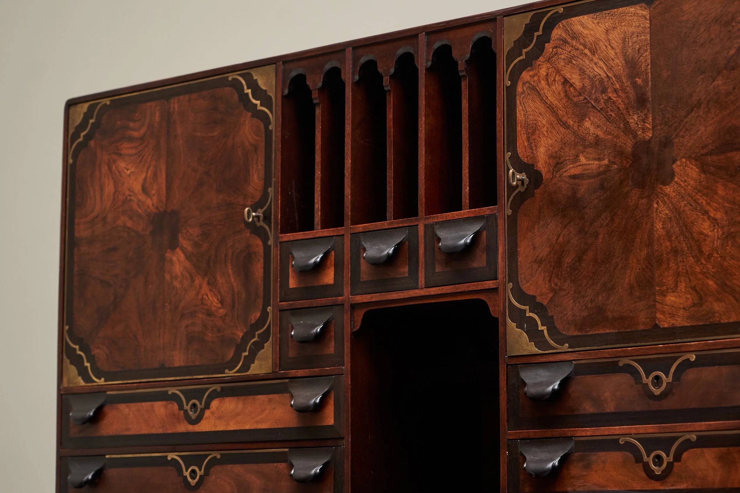 Exceptional Secretary Desk in Mahogany, Walnut, Ebony and Brass, Early 20th Century — lifestyle setting