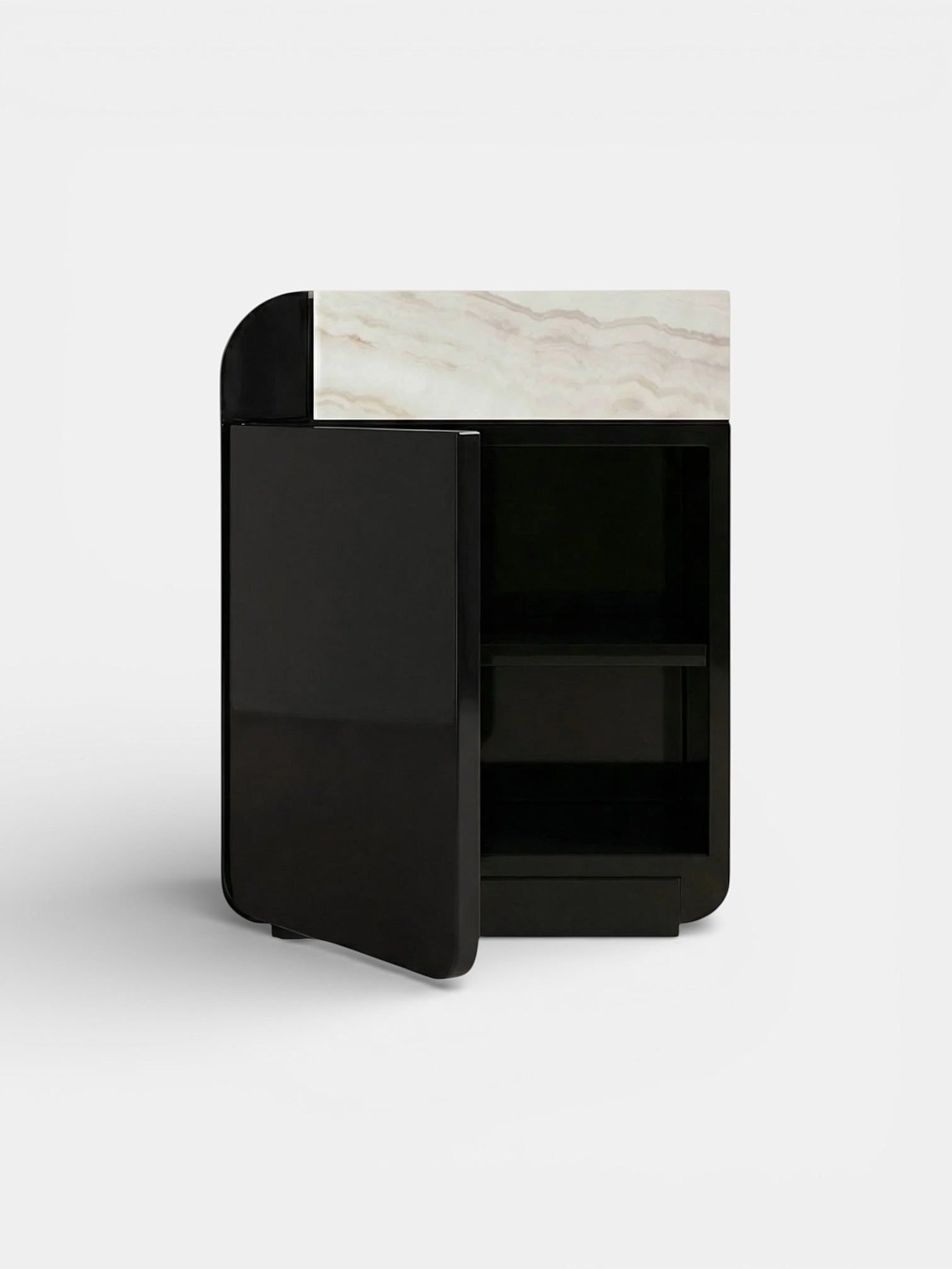 Amo Black Lacquered Wood and Ivory Onyx — side angle showing open door and onyx top