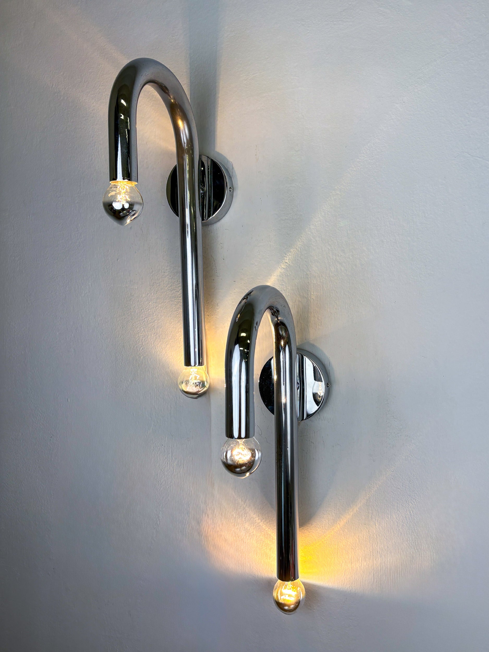 Pair of Space-Age Tubular Wall Lights, Chromed Metal, Italy, 1970s — in context