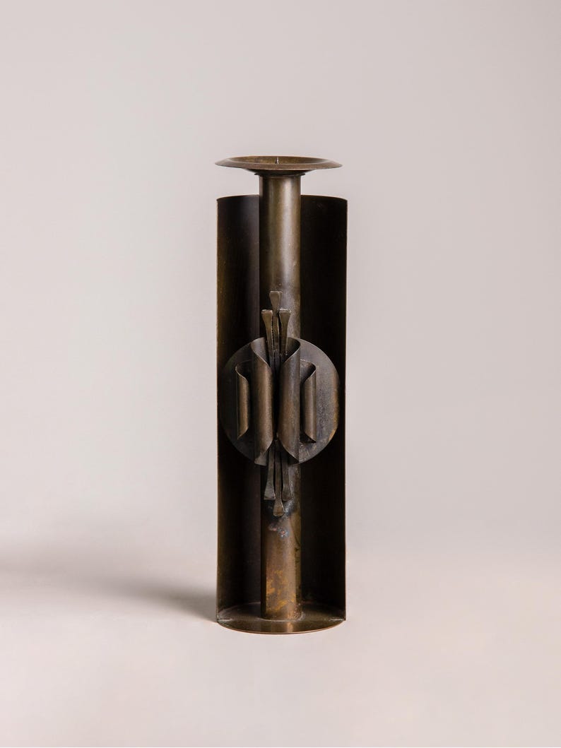 Brutalist Metal Candle Holder by Czesław Palczewski — close-up of dark metal texture
