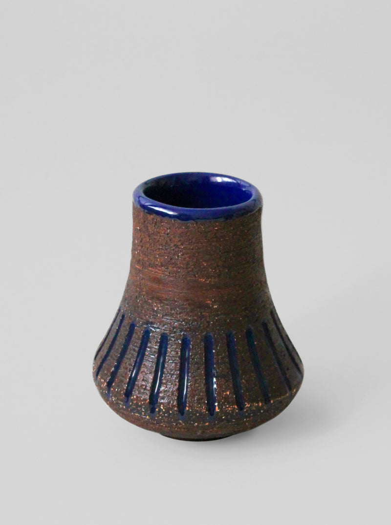 Ingegärd Burmeister blue ceramic vase with textured brown body