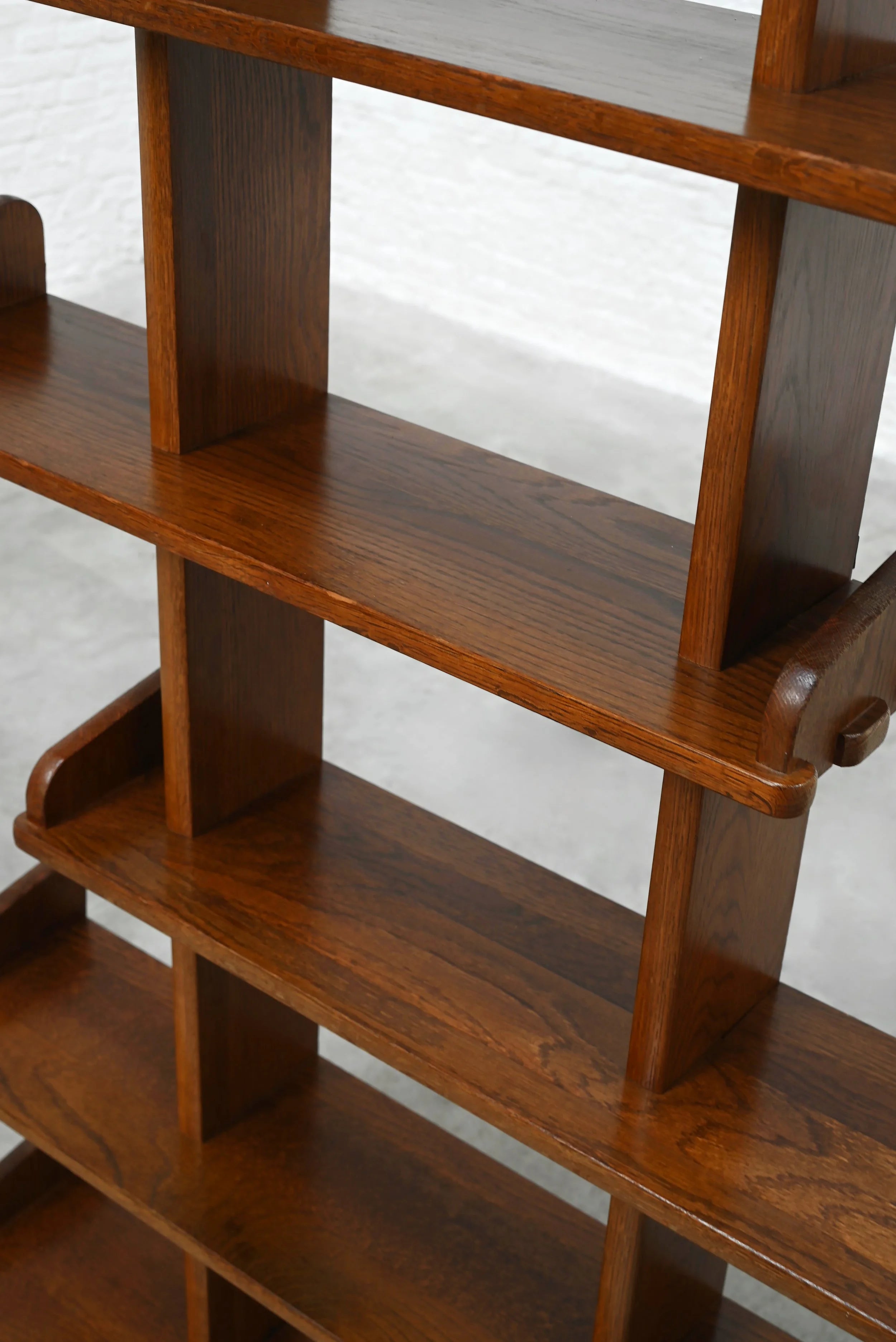 Brutalist Oak Asymmetrical Shelving Unit or Bookcase, The Netherlands, 1970s — lifestyle setting