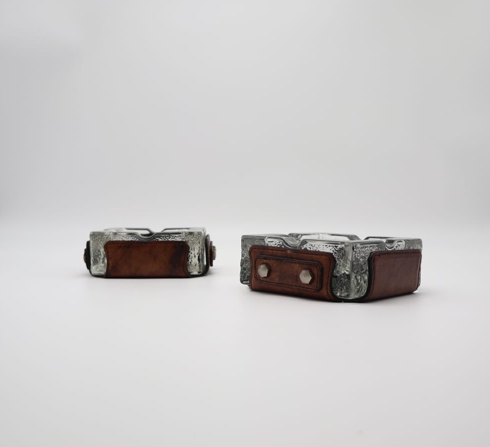 Vintage Mid-Century Ice Glass & Leather Ashtrays, 1970s — Set of 2  — side angle