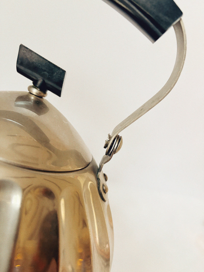 Mid Century Metal Kettle with Bakelite Handle, Gusev Russia — close-up of metal spout and handle