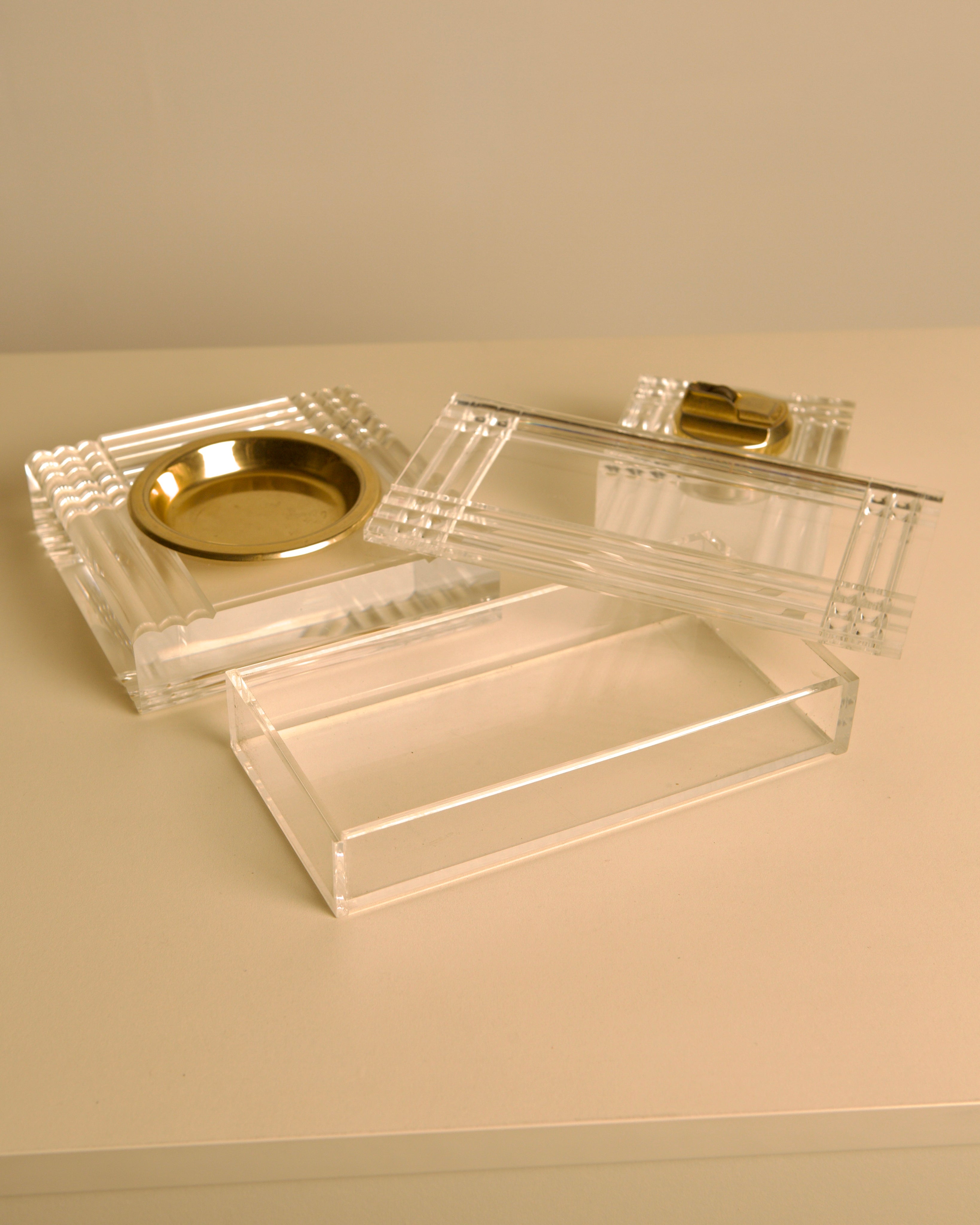 Italian Plexiglass and Brass Smoking Desk Set 70s — back view of ashtray and box