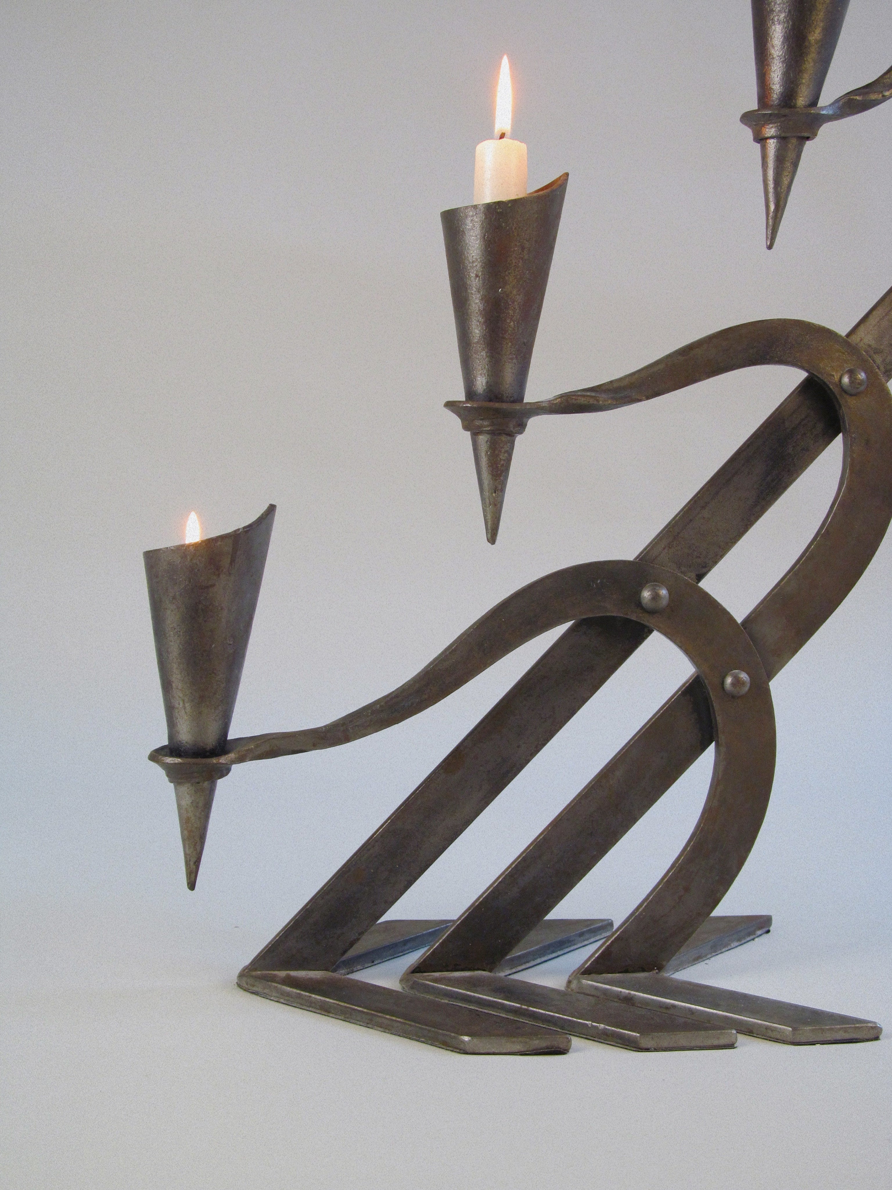 Brutalist Candleholder - Late 20th Century — top view of metal candleholder with candles lit