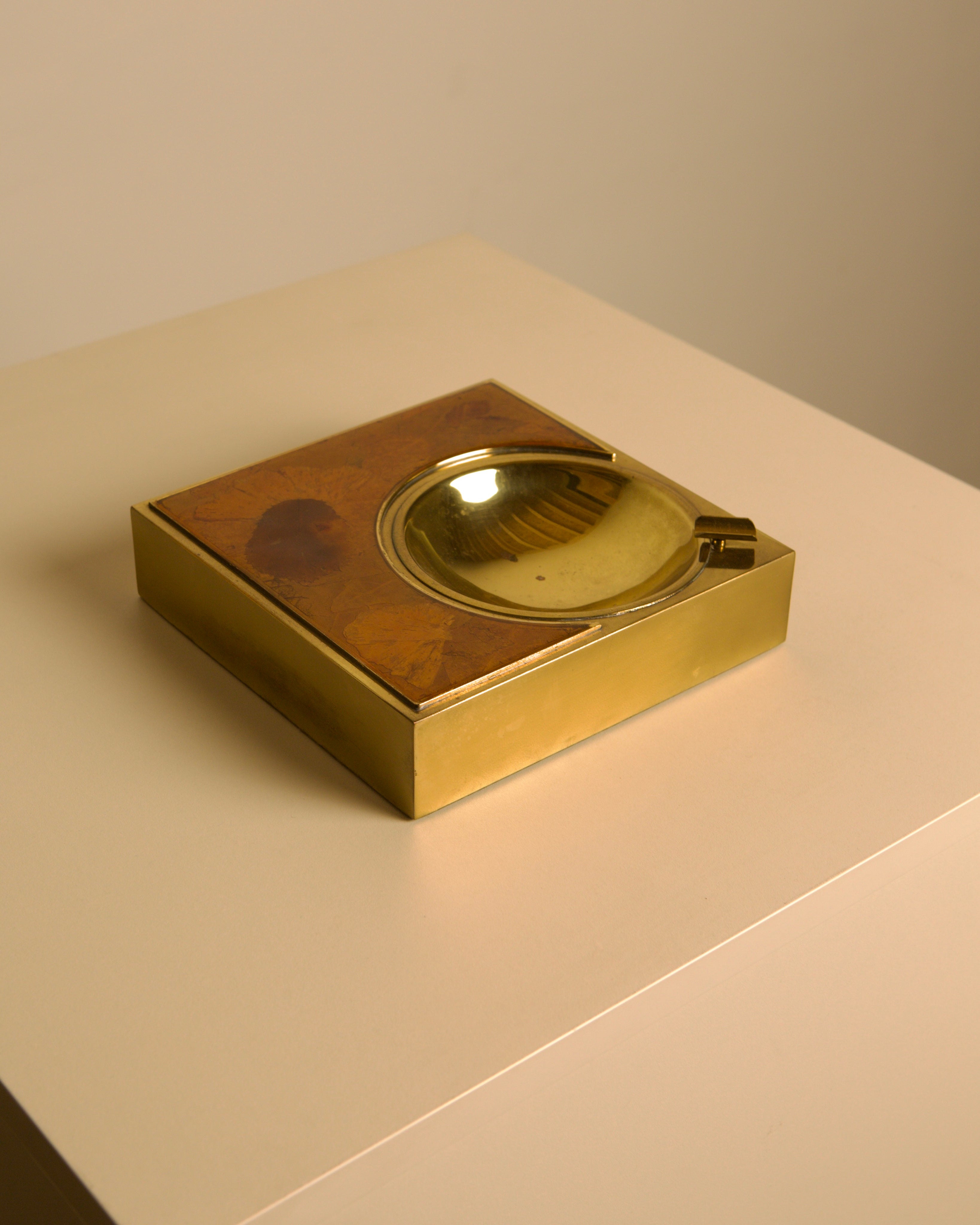 Italian Brass & Floral Resin Ashtray 1960s — side angle