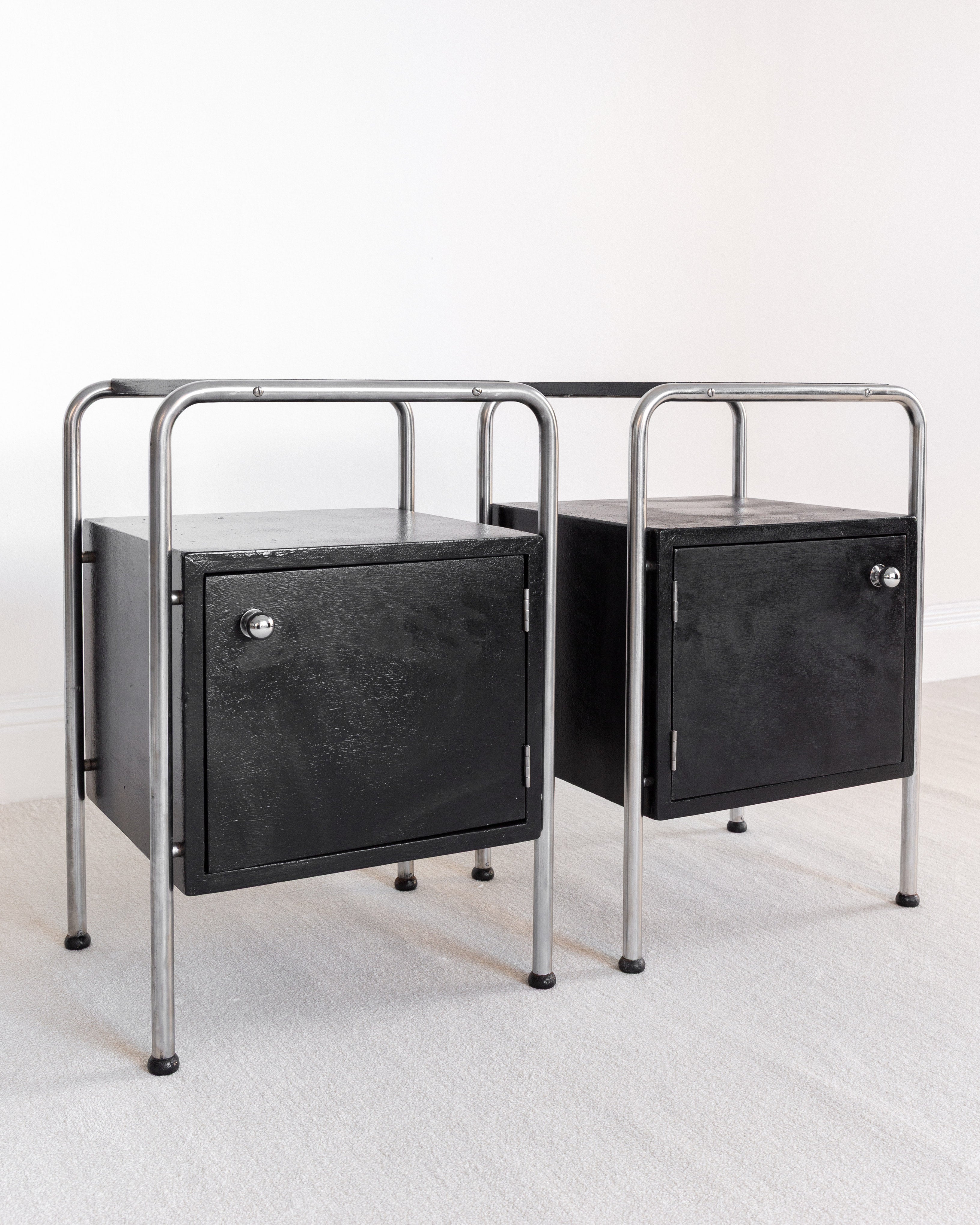 Pair of Functionalist Nightstands, Sweden 1930s — front view with black metal and chrome frame