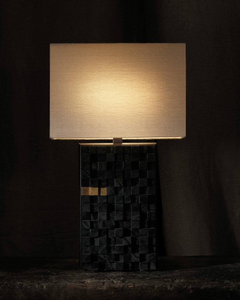 Orion table lamp with black geometric base and cream fabric shade