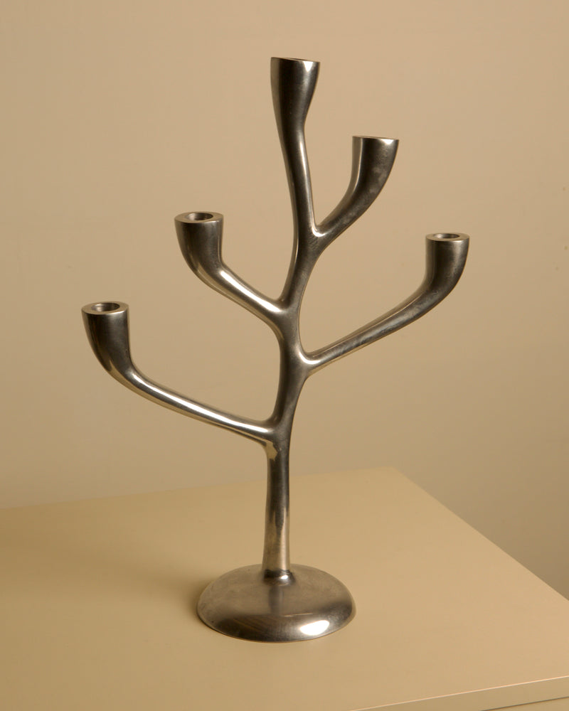 Large 80's Aluminum "Tree" Candleholder — close-up of metallic branches