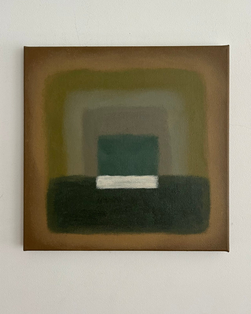 The Forrest Walk Painting by Iris Bavelaar features a dark green square centered on a white bar, with soft, blended rectangles in earthy browns, olives, and grays—contemporary canvas art with a natural palette.