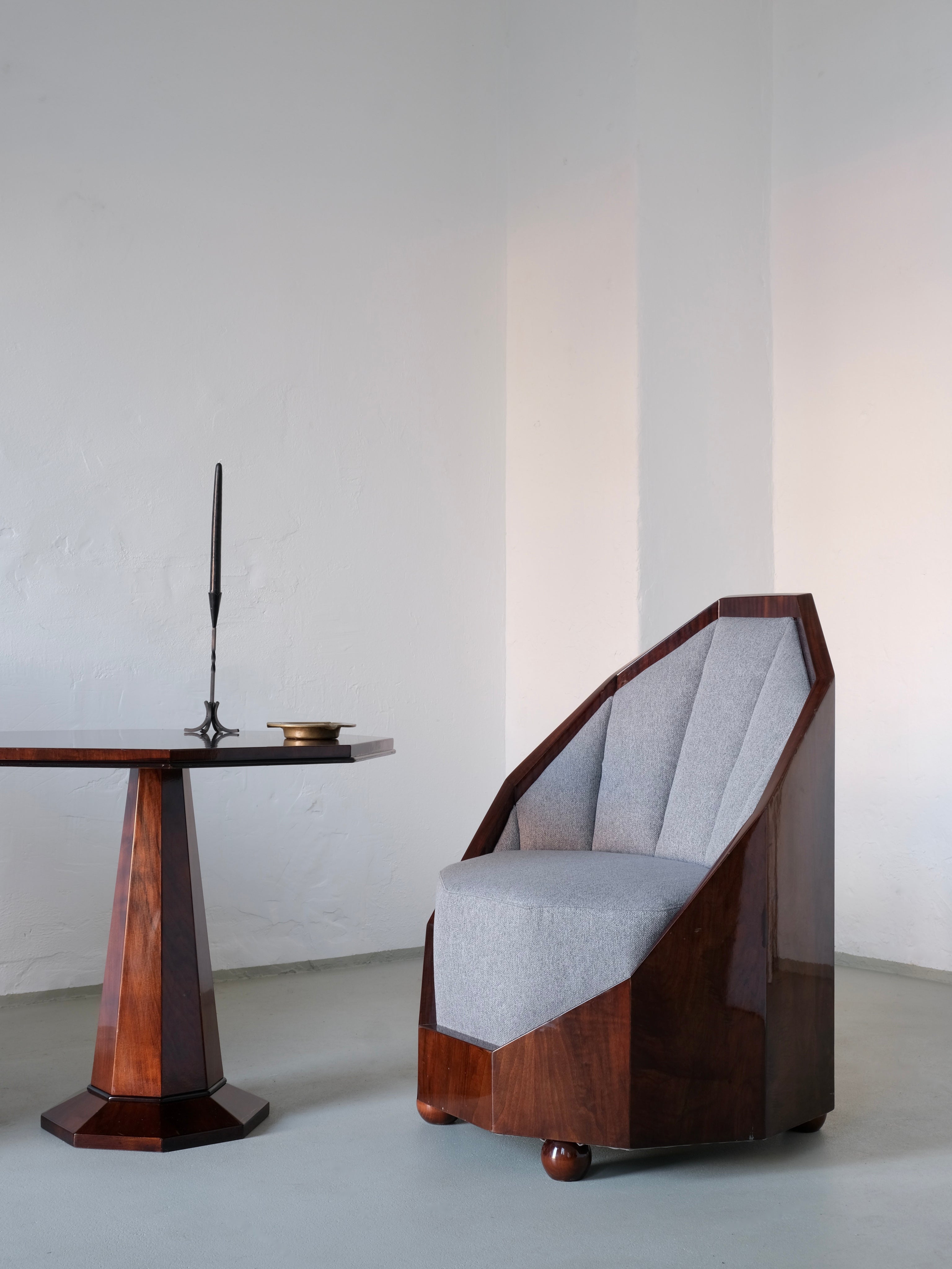 Leon-Emile Bouchet Art Deco Lounge Set, 1930s — angled view of armchair beside wooden table