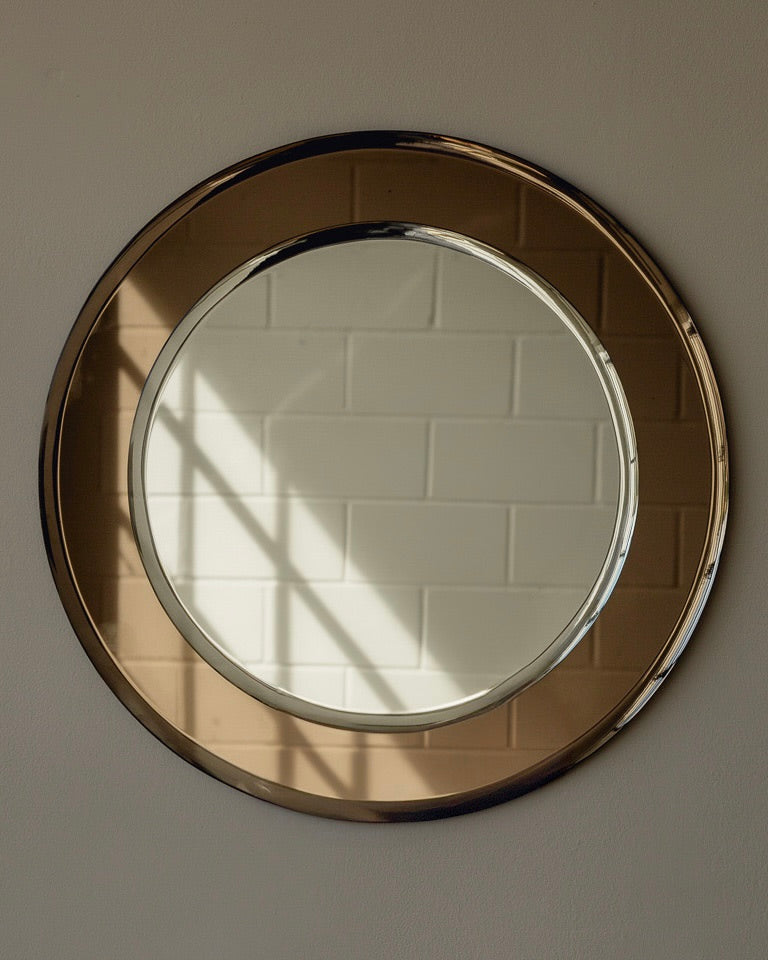 Mid century round Italian mirror with golden bronze frame