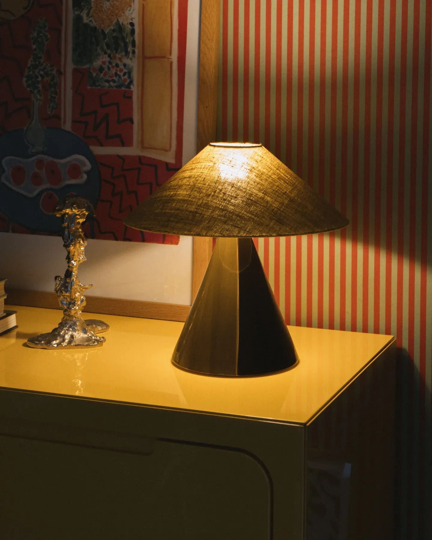 Caterina" Table Lamp - Golden Olive — top view on yellow console