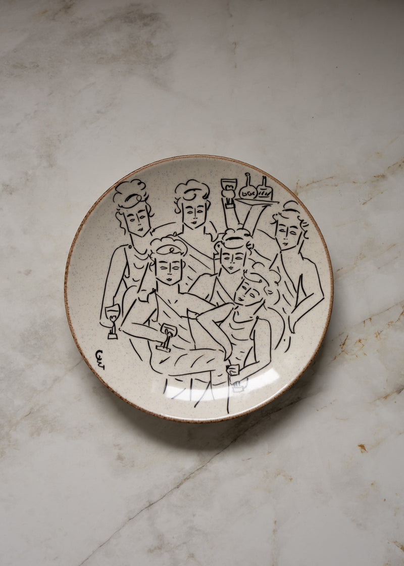 Ceramic decorative dish with Roman figures line drawing by Claire de Wolf