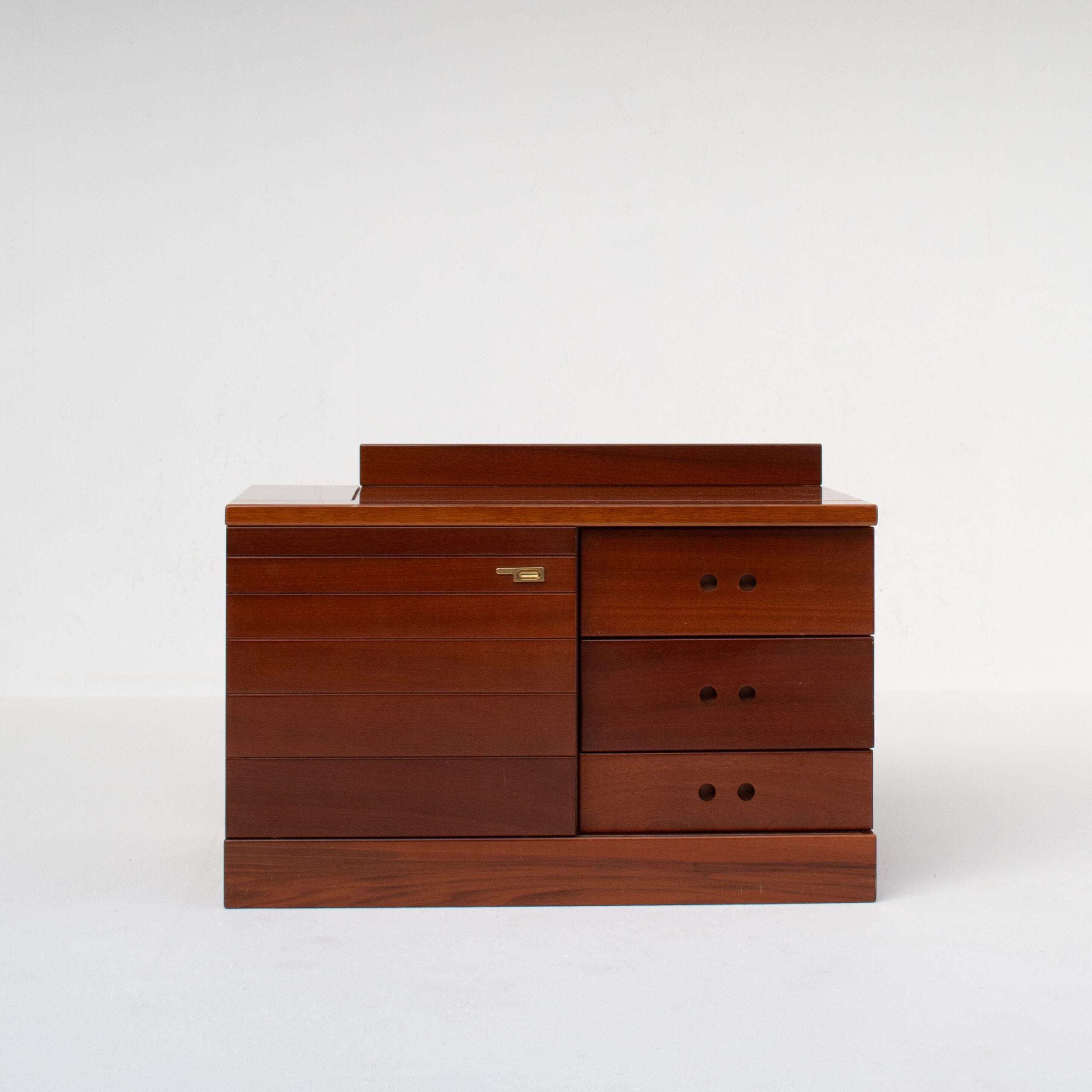 Set of Nightstands in Wood and Brass — top view of wooden surface with drawers