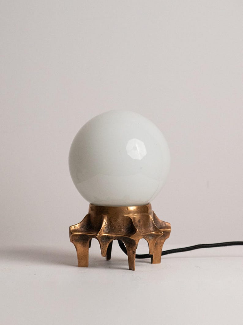 Brutalist Table Lamp, Tripod Cast Metal Base, Opaline Glass Globe Shade, 1970s — alternate view