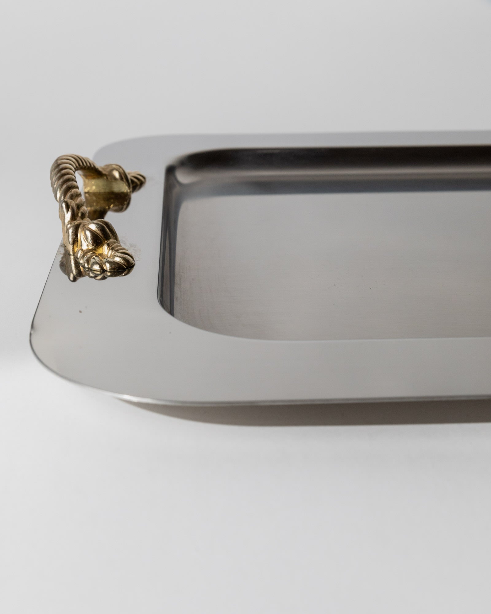 1980s Stainless Steel Tray, Gold Rope Handles by Inoxpran, Italy