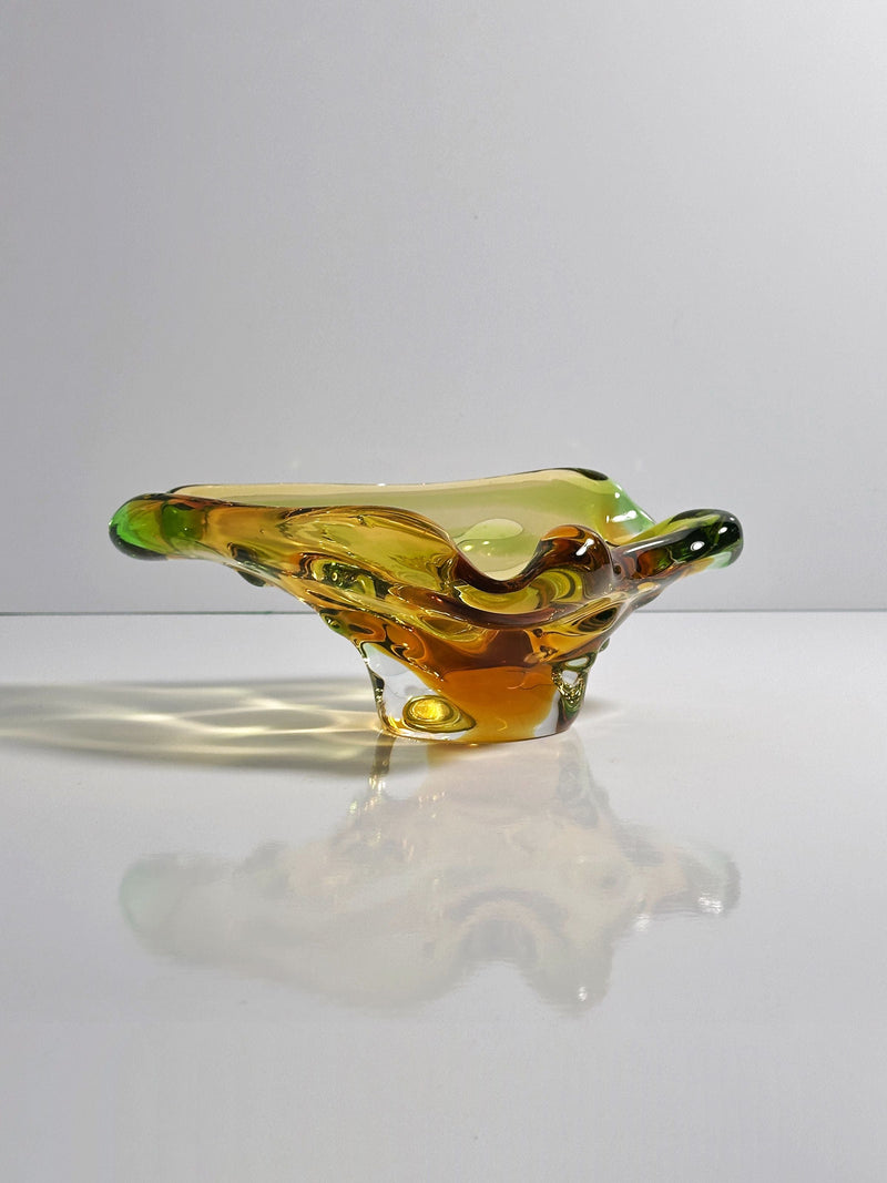 Bohemian amber glass vide-poche bowl with flowing organic form 1960s