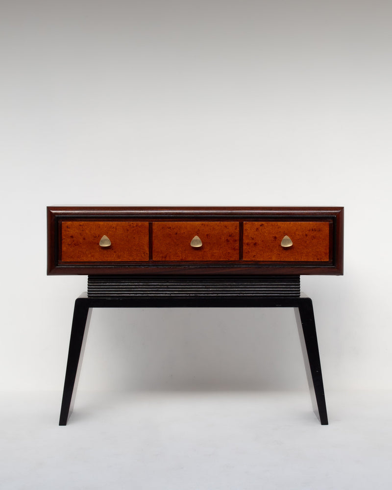 Art Deco console with burled wood drawers and black lacquered legs