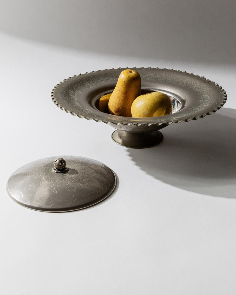 1960s Silver Plated Lidded Bowl — close-up of engraved silver surface with fruit