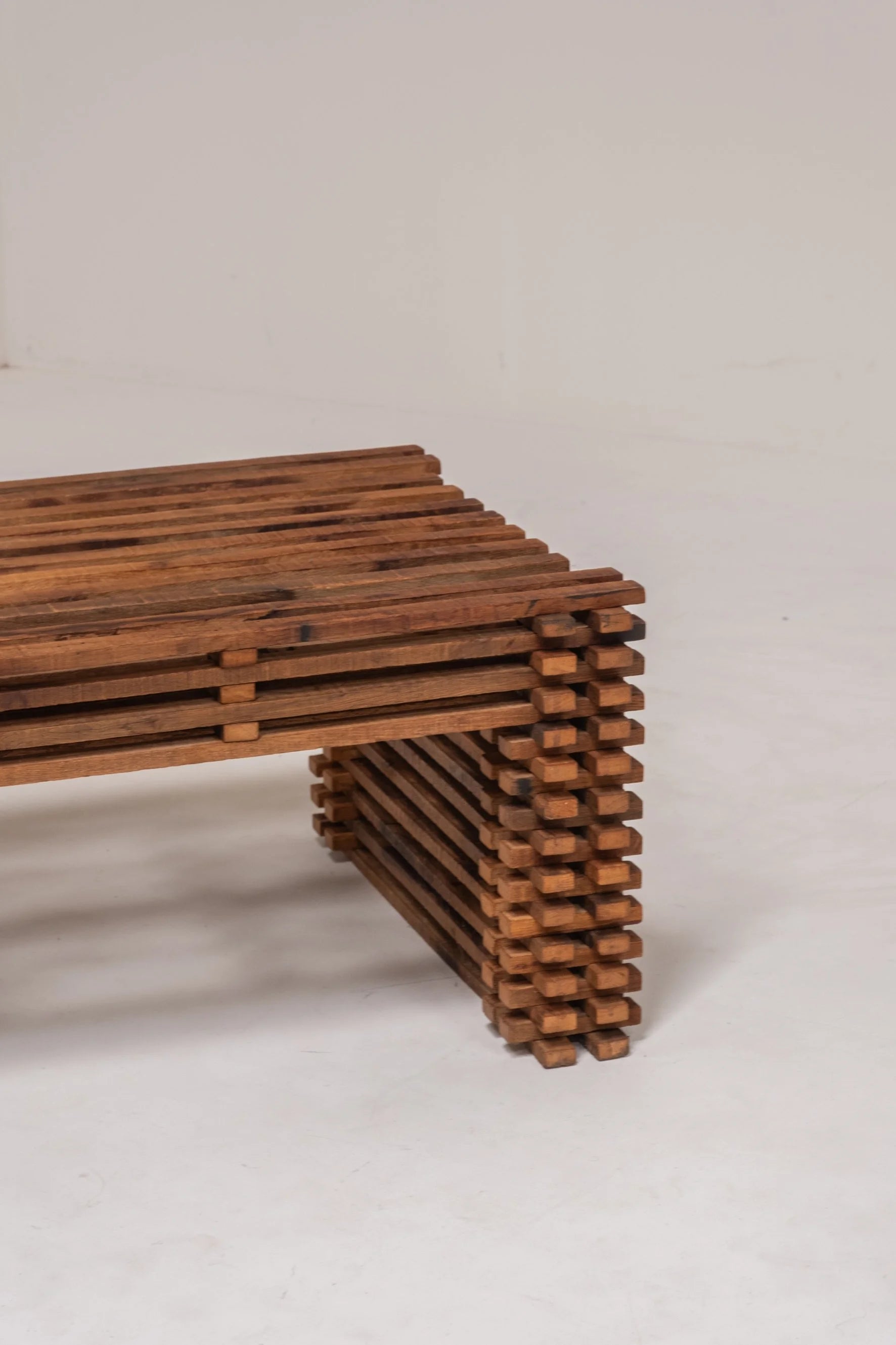 Vintage Wooden Slatted Coffee Table – Sculptural Design, 1970s Style — detail view