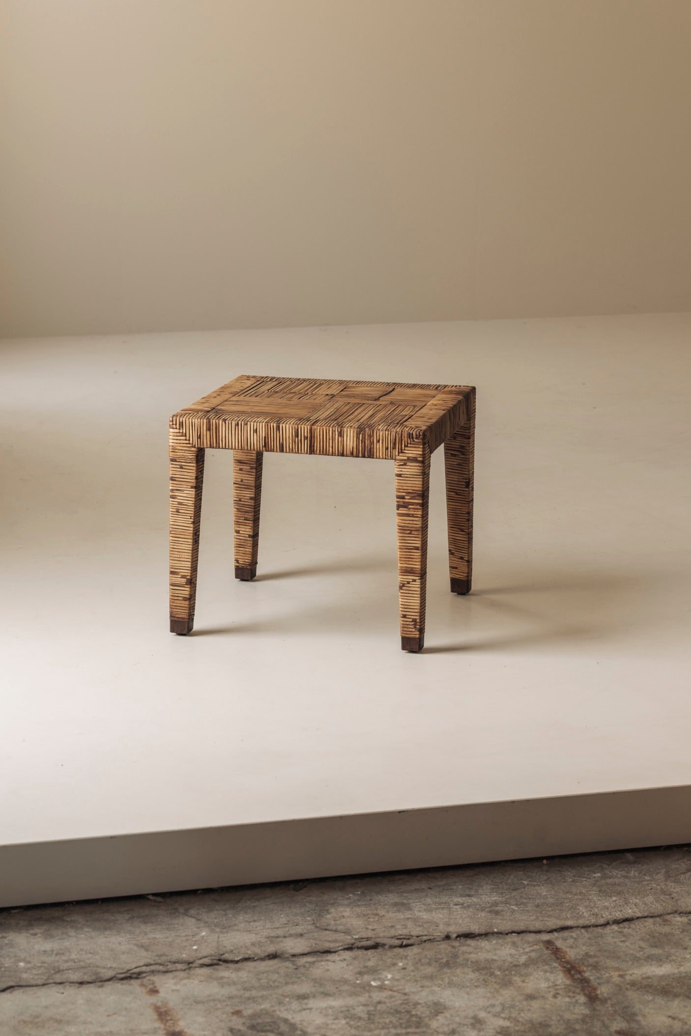 Exceptional French Rattan Wrapped Side Tables, 1970s — Pair — detail view