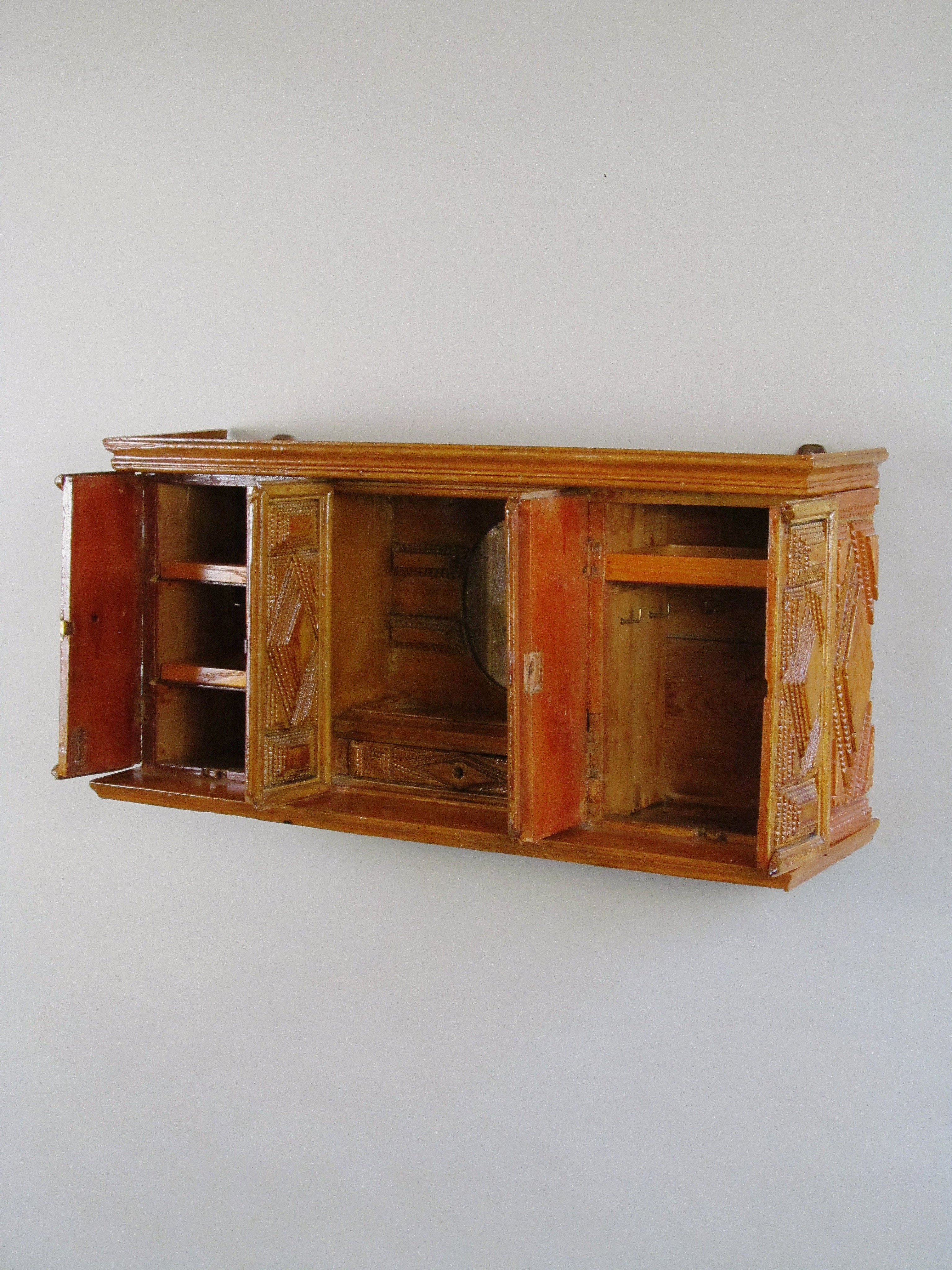 Tramp Art Wall Shelf 1890 - 1915 — angled view showing handcrafted wood details