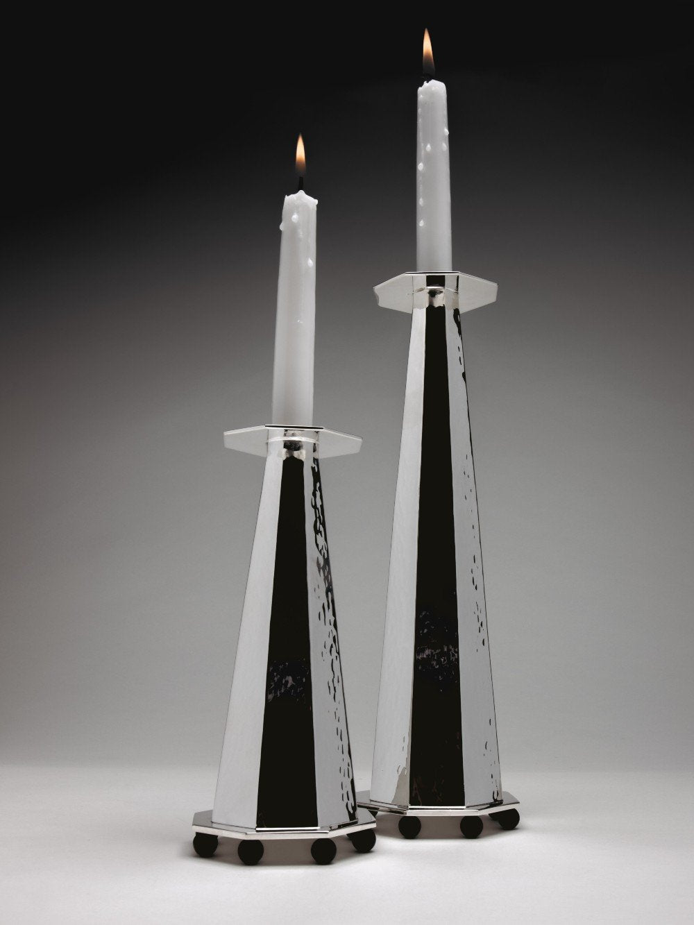 Silver Plated Short Candleholder — side angle with two lit candles