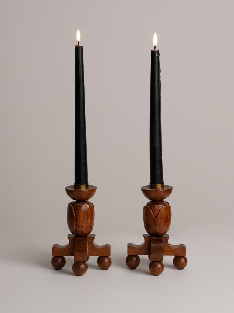 Hand Carved Wooden Tulip Candlesticks Pair, Scandinavian Folk 1960s by Studio Ecubed | The Oblist