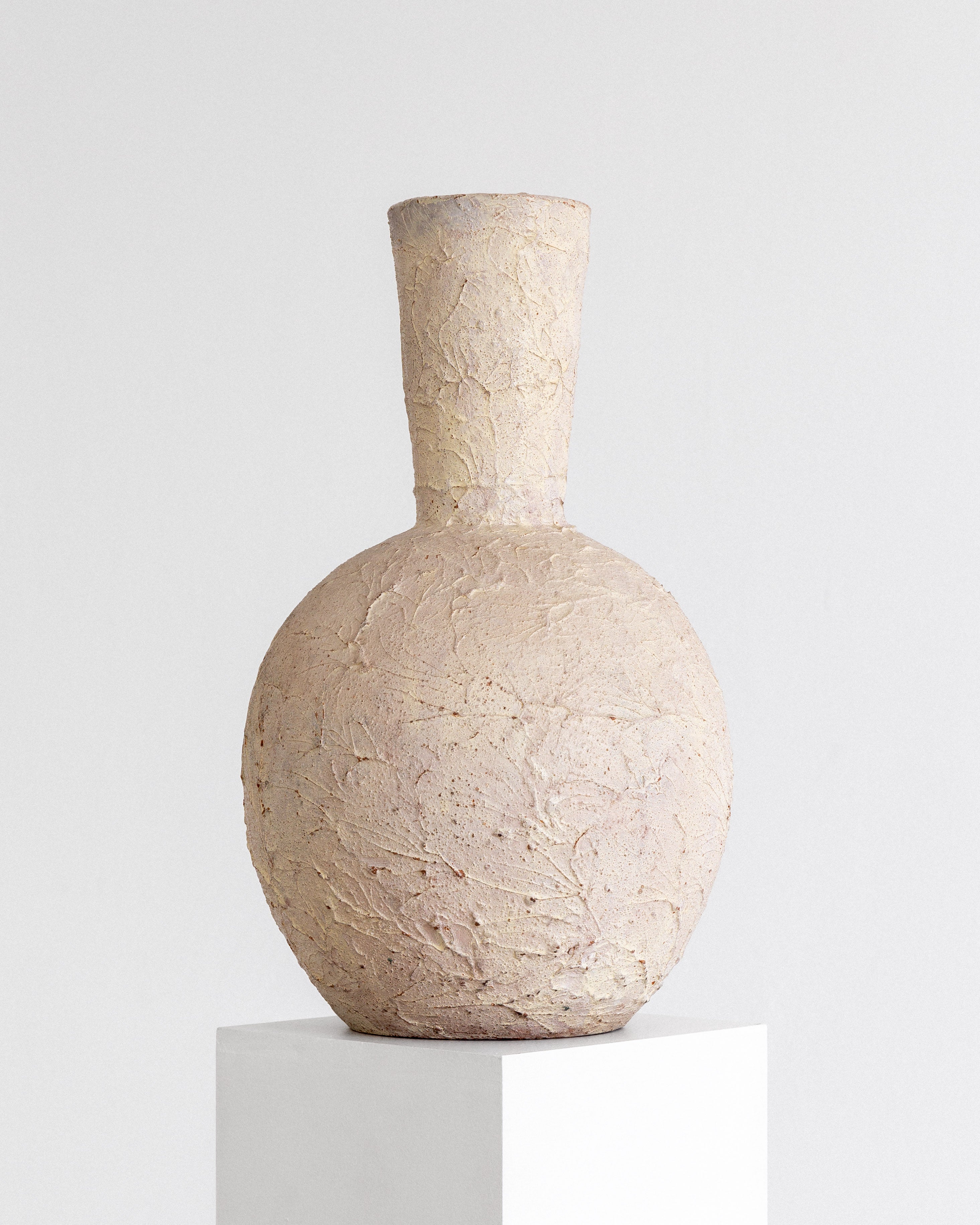 Large Textured Ceramic Floor Vase, 1940s-40s Sweden — side angle showing textured surface on white pedestal