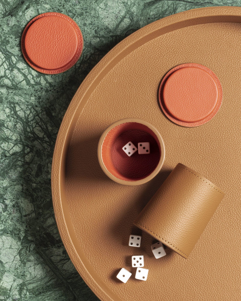 Leather dice set with shaker cup in tan and coral styling