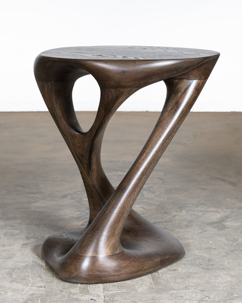 Sasha Side Table, Solid Ash wood Graphite Walnut Stain — side view highlighting curved wooden legs