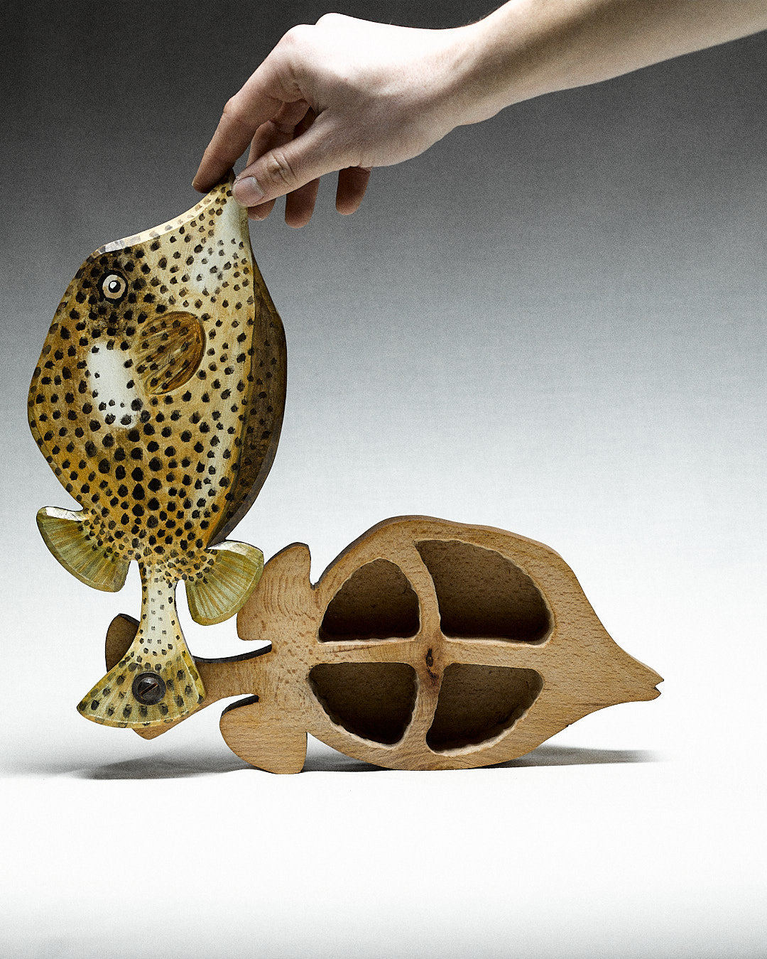 hand painted wooden box, fish — hand lifting lid to reveal interior