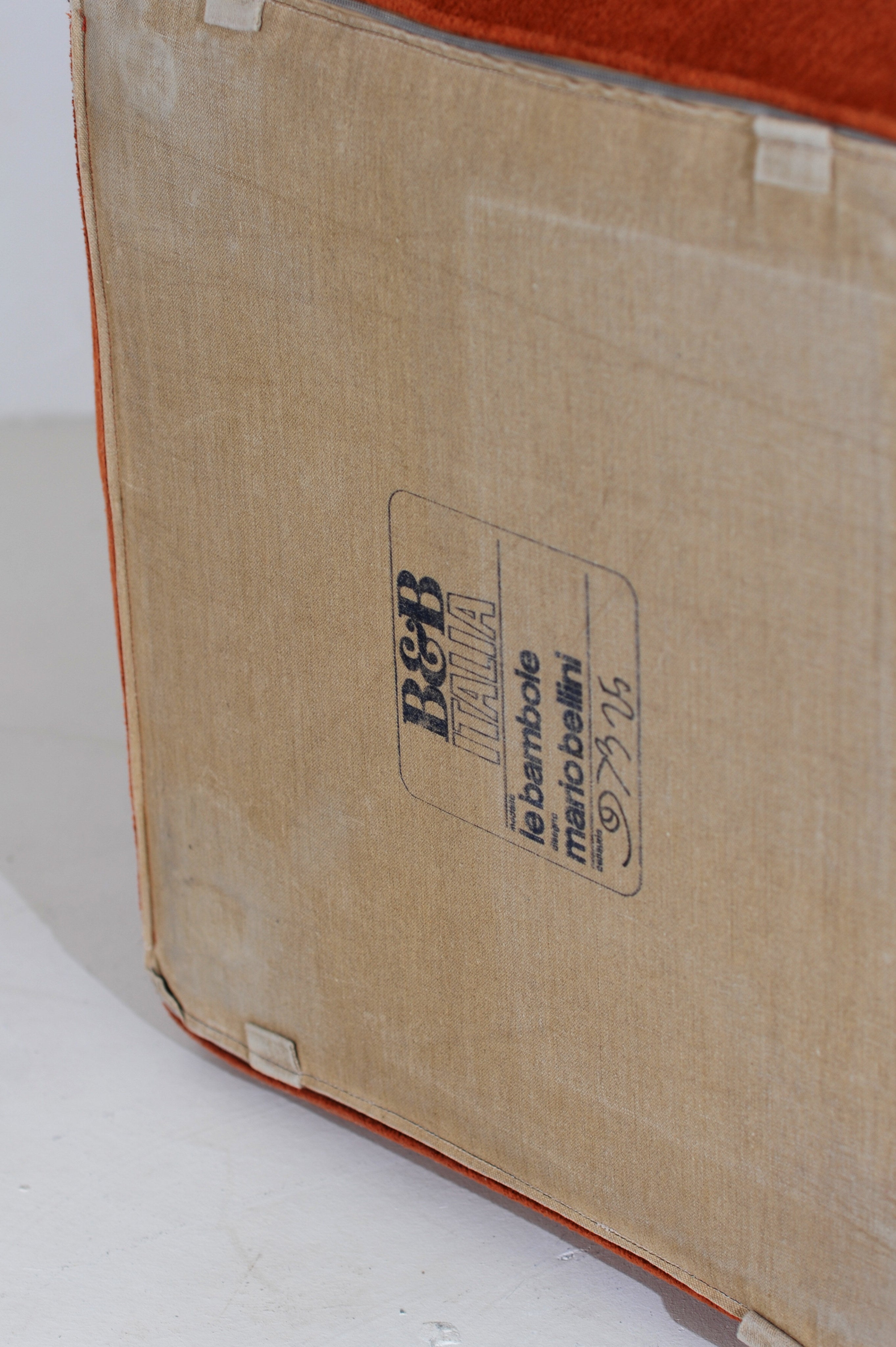 Manufacturer label detail on Le Bambole armchair back cushion