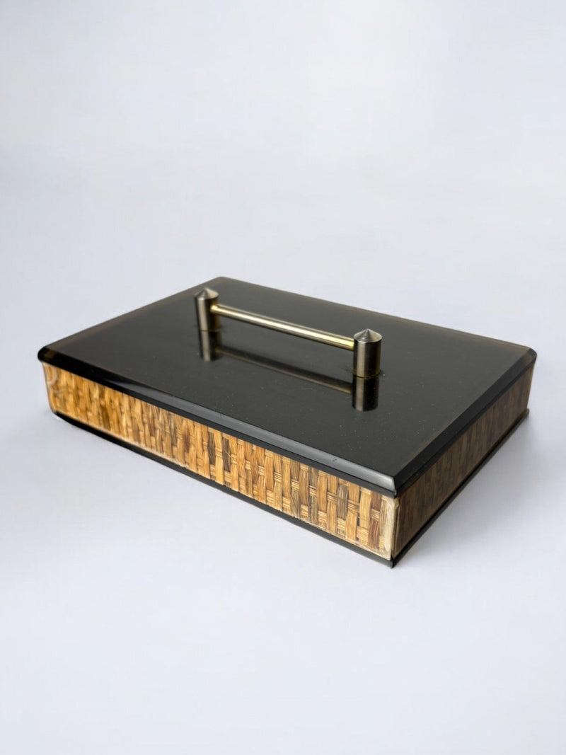Lucite & Rattan Vanity Box, 1970's by Malamar Studio | The Oblist — vintage black and natural materials
