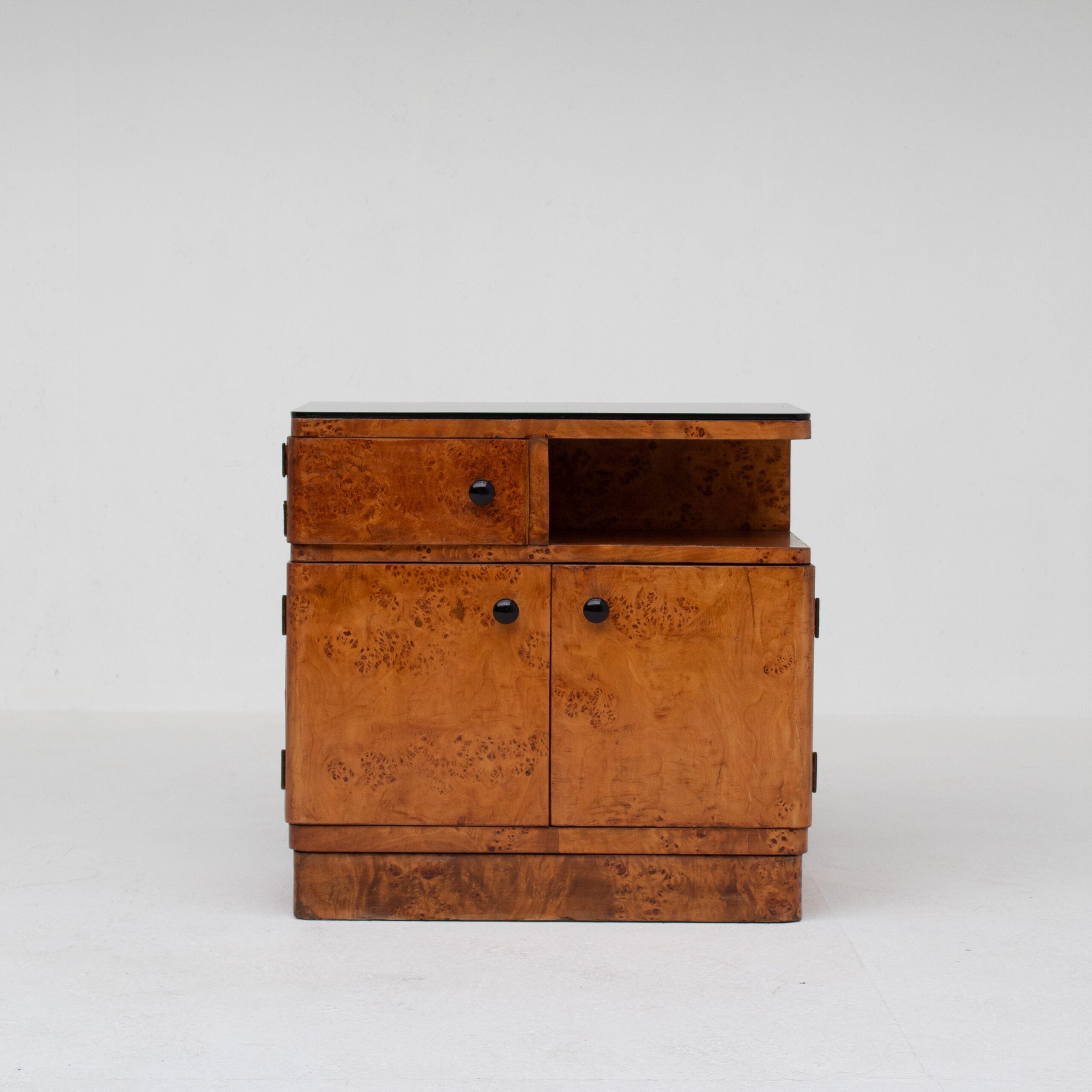 Pair of Art Deco Nightstands in Burlwood — top view showing two drawers and open shelf