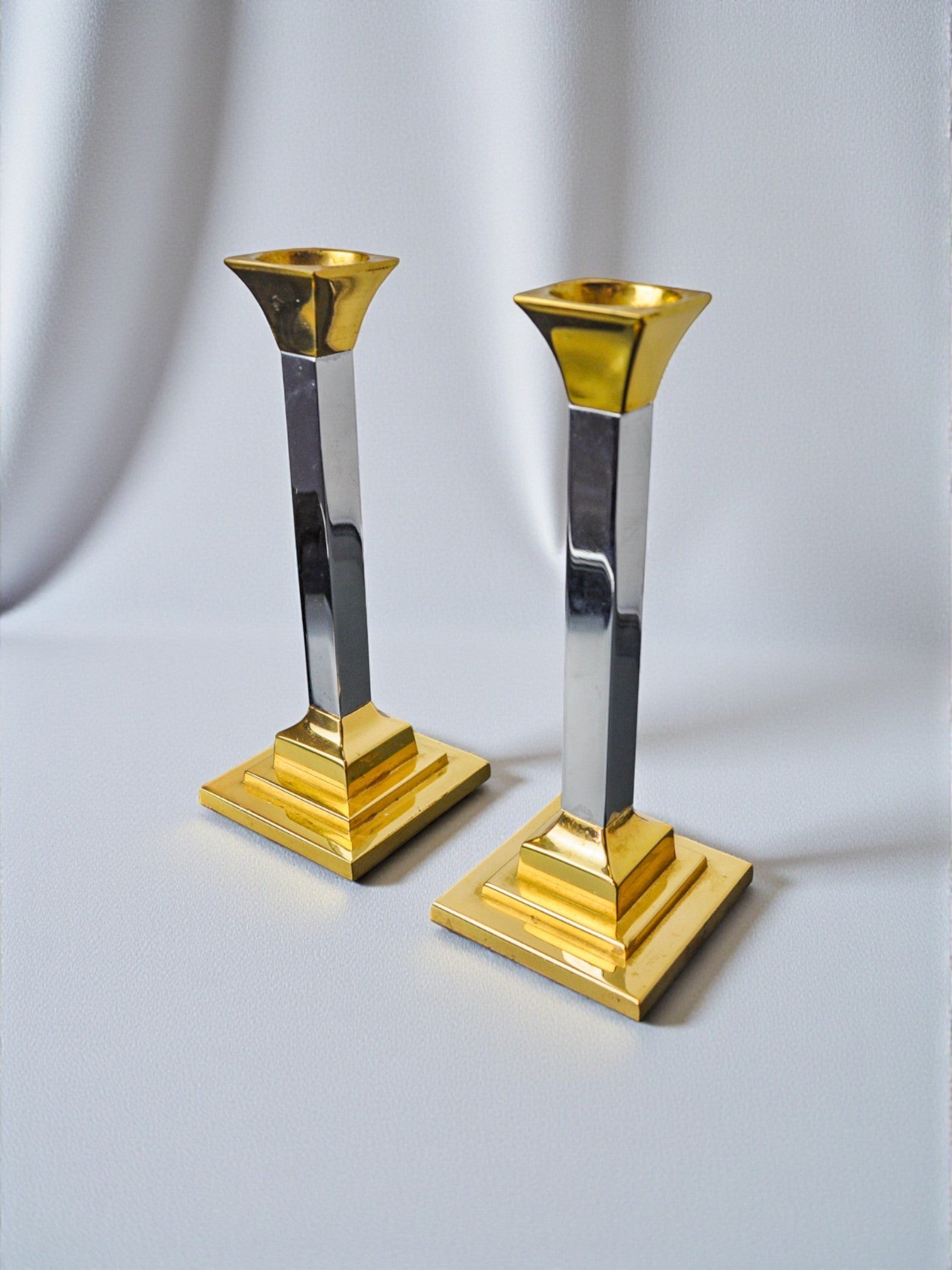 Pair of Regency Candleholders by Art3, Spain, 1970s | The Oblist — metal, gold and silver finish