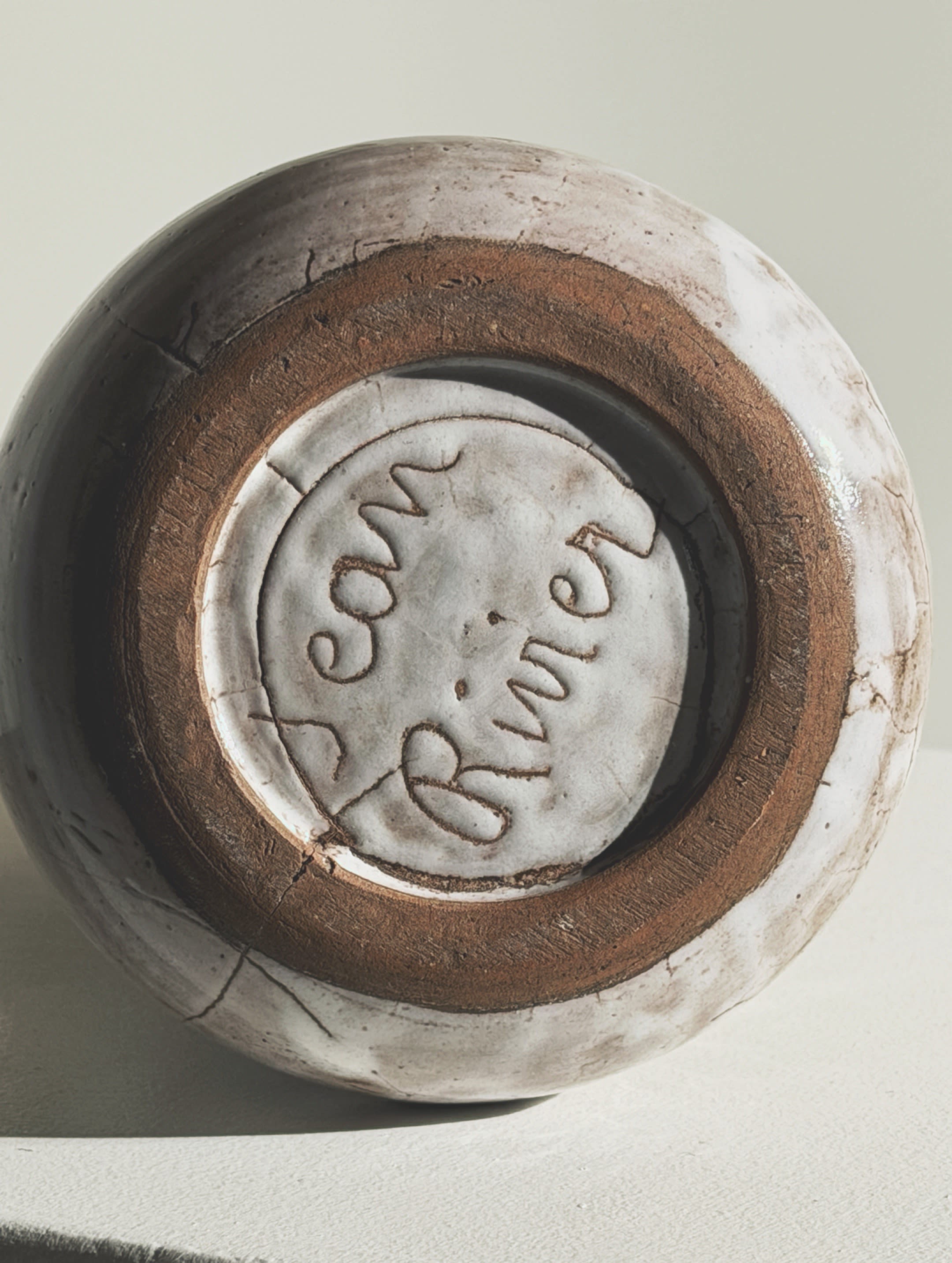 Ceramic pitcher by Jean Rivier, Vallauris, circa 1960 — top view of base with signature