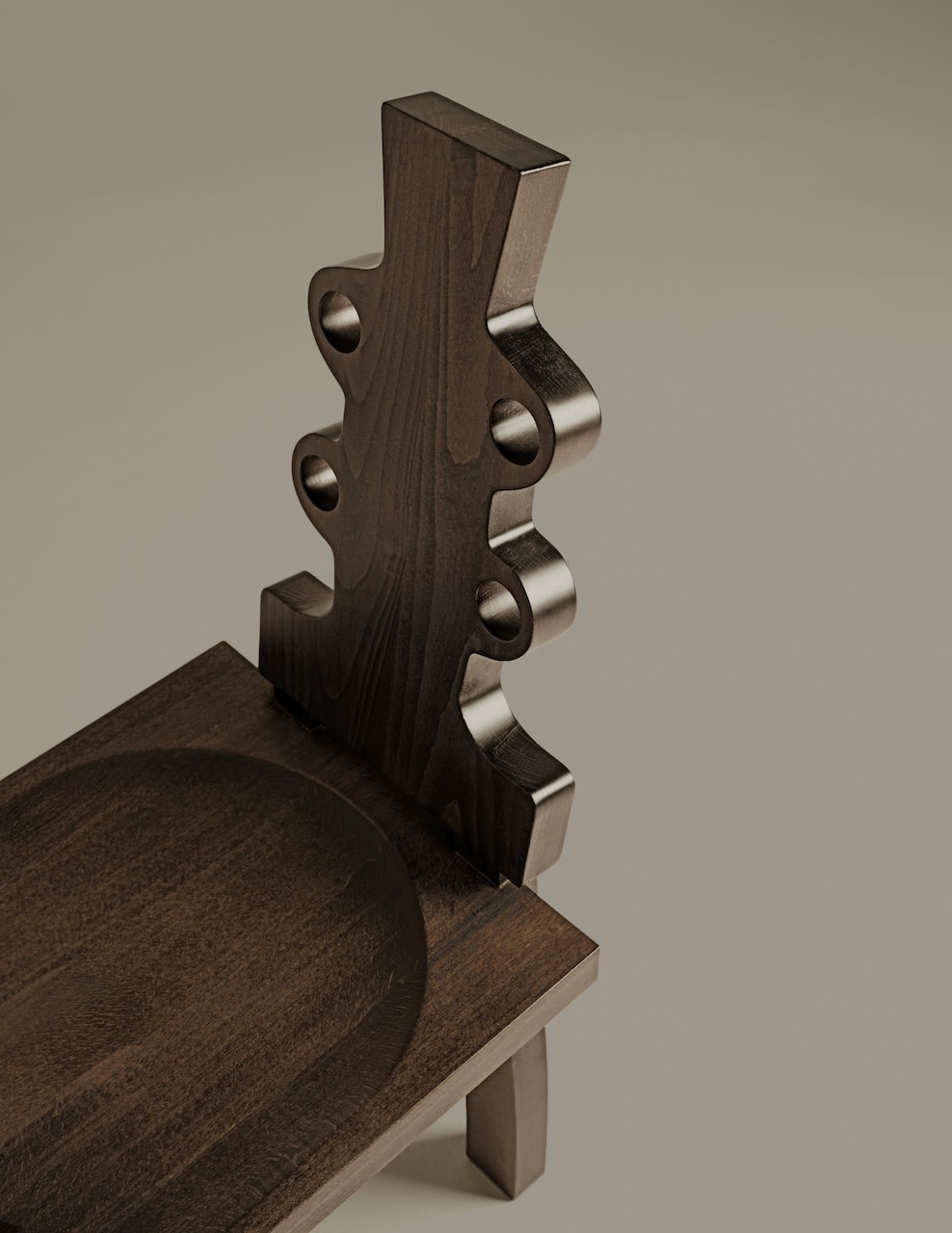 Ewa Chair — close-up of dark wood seat and backrest