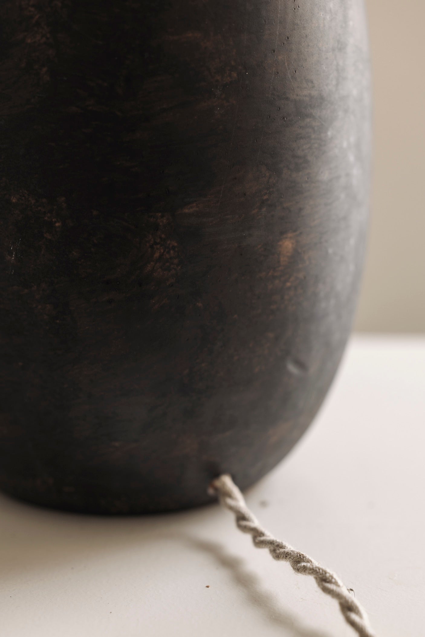 Sculptural Ceramic Table Lamp from Sweden, 1960s — close-up of textured dark ceramic base