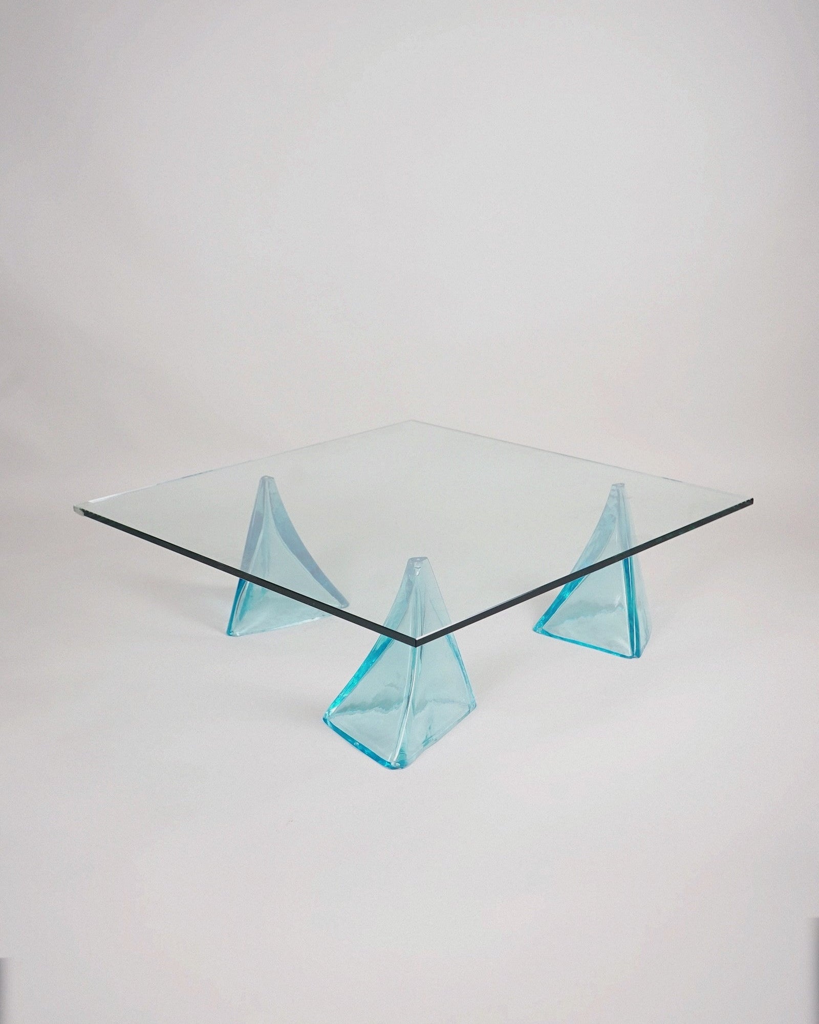 Glass Coffee Table with Sculptural Blue Glass Supports, c.1980s–1990s by Myakin | The Oblist — glass top, blue glass supports
