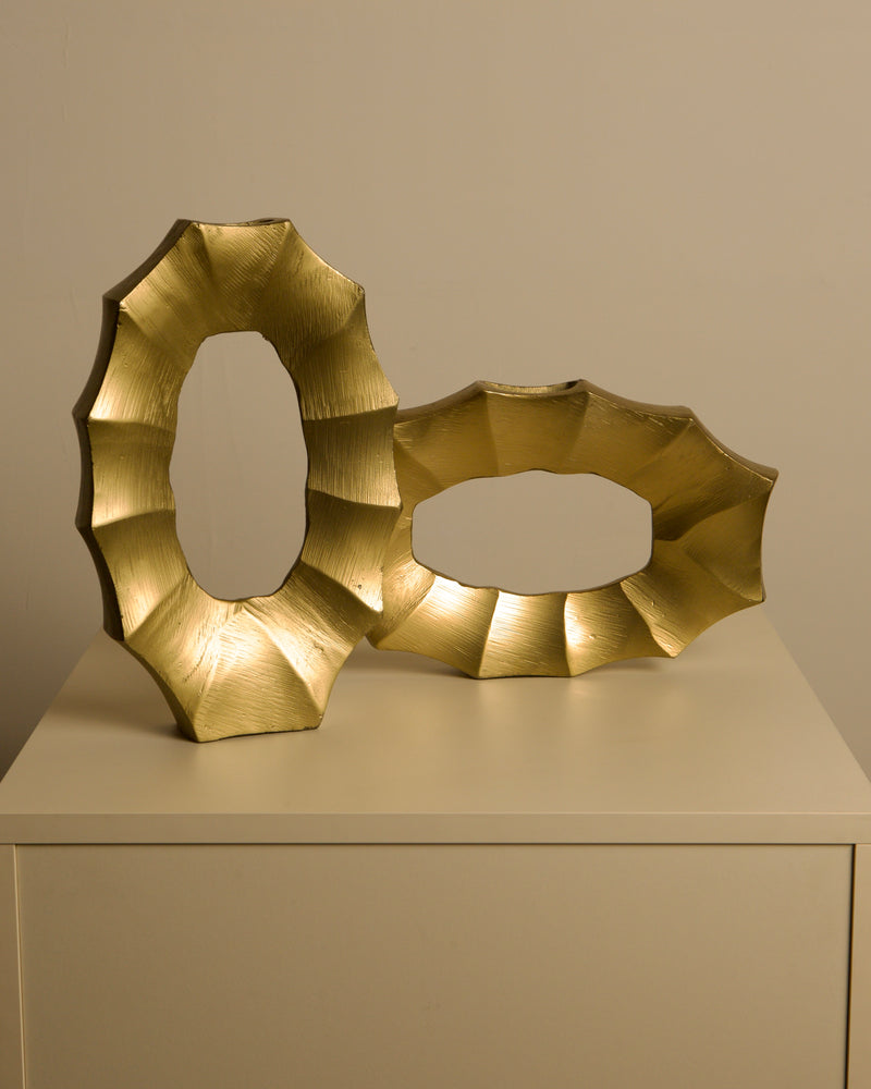 Pair of Italian 80s Gilt Aluminum Vases by Treaptyque | The Oblist — gold finish, vintage design