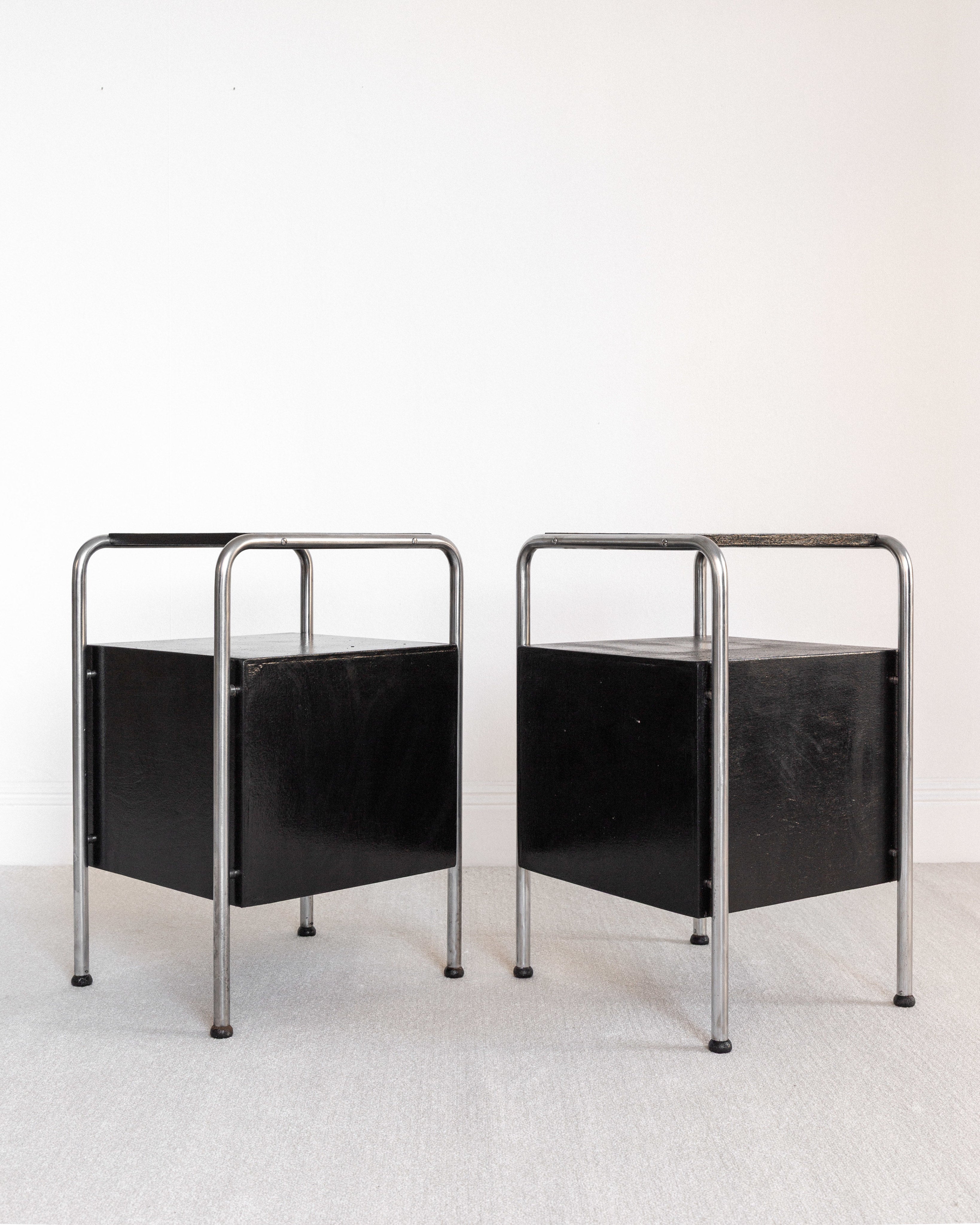 Pair of Functionalist Nightstands, Sweden 1930s — side angle showing black wood and metal frame