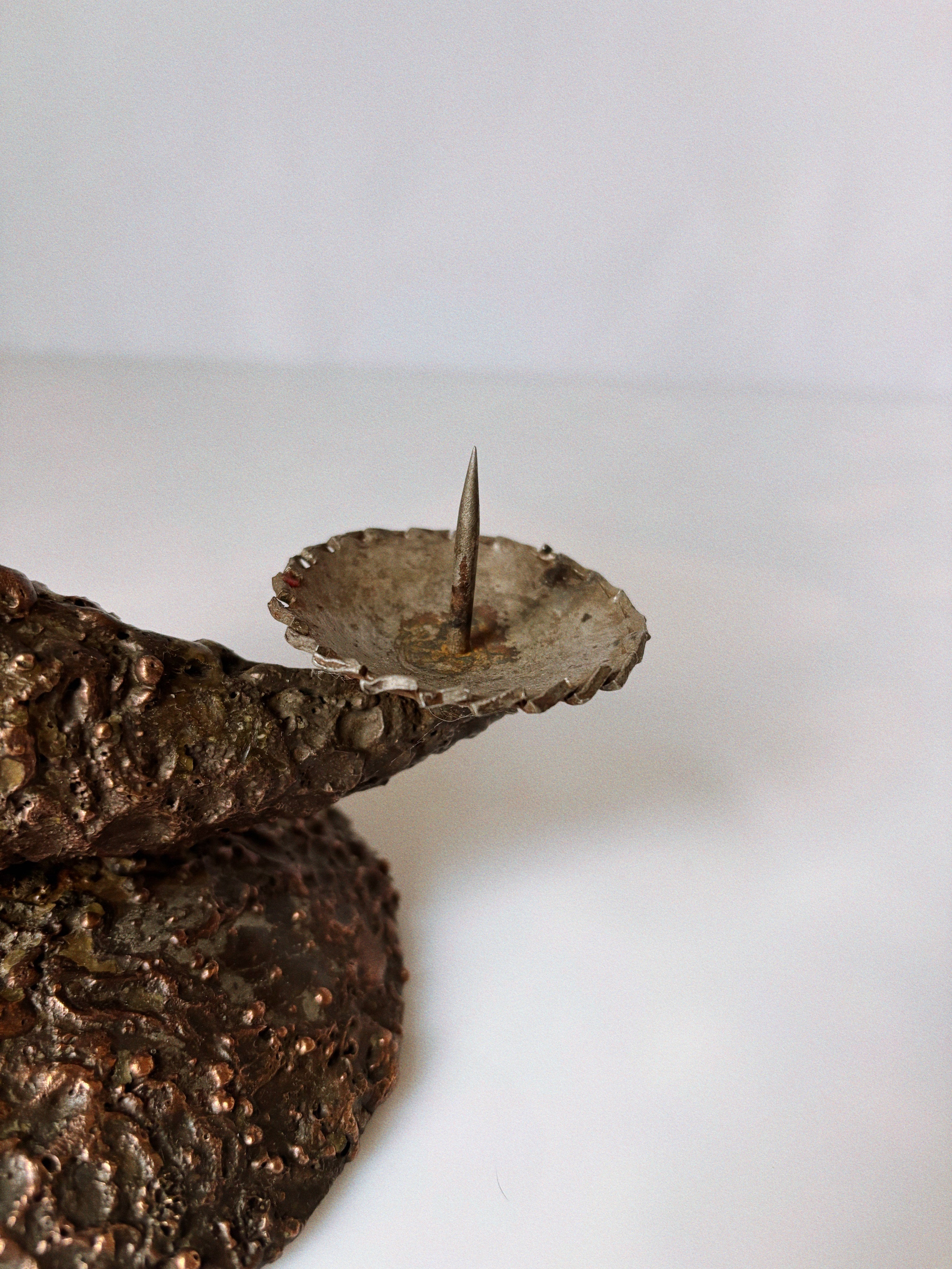 Mid Century Brutalist Candle Holder in Metal, Poland — close-up of textured metal surface