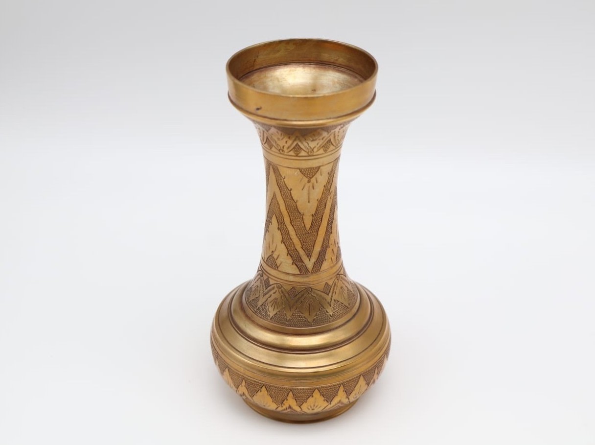 Hand-Etched Indian Brass Vase – 1960s — detail view